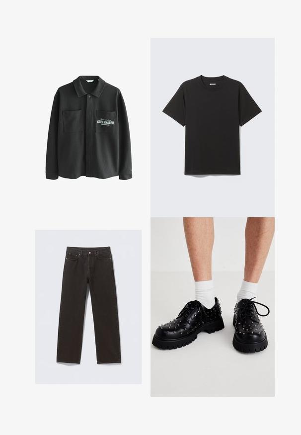 Juodas fliso marškinėlių paltas su plačiu apykakle, dviem priekinėmis kišenėmis ir užrašu "KOPENHAGENA" kairėje kišenėje.; Juoda trumpomis rankovėmis medvilninė marškinėliai, pagaminti iš minkštos medvilnės, su apvalia iškirpte ir paprastu dizainu be raštų ar akcentų.; Juodi džinsai su tiesiomis kelnėmis, penkiomis kišenėmis ir vario spalvos siūlais. Lygi tekstūra, klasikinis mygtuko užsegimas liemens srityje.; Juodieji odiniai batai su metaliniais studais, suapvalintu pirštu ir storu guminio pado. Matomos juodos raišteliai ir balti kojinai.