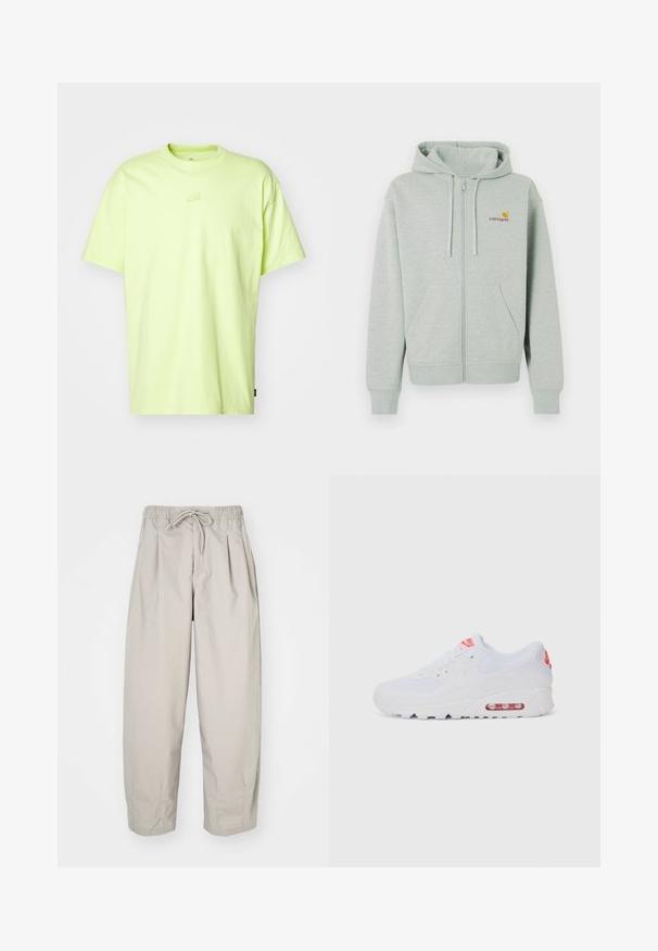 Gaišpelēka jeb mīksta džemperis ar rāvējslēdzēju, ar priekšējo kabatu, ribotiem piedurknēm un mazu oranžu logotipu kreisajā krūtī. Izgatavots no mīksta, teksturēta auduma.; Gaiši neona zaļš kokvilnas t-krekls ar apkakli, īsām piedurknēm un mazu, iespiestu logotipu kreisajā augšējā krūtīs.; Beige, viegla auduma bikses ar elastīgu jostu un auklu. Iespējas - krokas un brīvs piegriezums, izgatavotas no mīksta, gluda auduma.; Baltas sporta apavi ar gludu augšdaļu, saitēm, mīkstu zoli un redzamu gaisa vienību ar sarkaniem akcentiem uz zīmola.