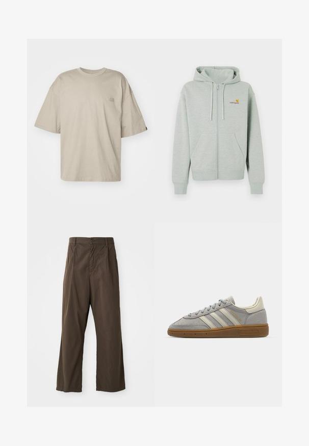Világosszürke zipzáras kapucnis dzseki elülső zsebbel, bordázott mandzsettákkal és egy kis narancssárga logóval a bal mellen. Puha, texturált anyagból készült.; Bézs színű, oversized pamut póló, kerek nyakkivágással és rövid ujjakkal, bal mellrészen egy kis logóval.; Barna, bő szárú pamut nadrág, elülső gombzárral, övhurkokkal és sima, matt felülettel.; Szürke velúr sportcipők világosszürke bőr csíkkal és gumi talppal. Jellemzői közé tartozik a fűzős záródás és a diszkrét logó a nyelvén.