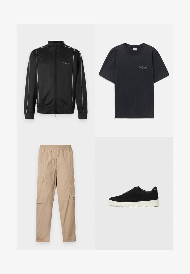 Svart zip-up jakke laget av glatt stoff, med hvite sidestriper, ribbede mansjetter og høy krage. Merkevare foran.; Svart kortermet t-skjorte med rund hals og liten hvit "Filling Pieces" tekstlogo på venstre bryst.; Beige cargo bukser med elastisk linning, to sidelommer og et merkeaktsent på låret. Laget av lett stoff.; Svart semsket sneakers med snøring og kontrasterende hvit gummisåle. Har teksturerte sidepaneler og subtil merkevare på hælen.