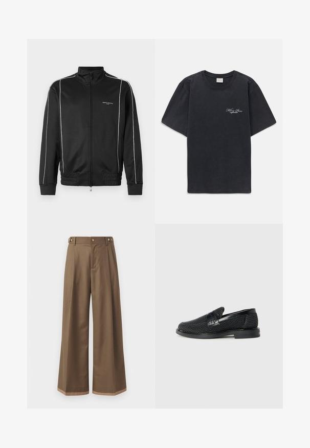 Svart zip-jacka i slät tyg, med vita sidostripes, ribbade muddar och ståkrage. Logotyp på framsidan.; Svart kortärmad t-shirt med rund halsringning och liten vit "Filling Pieces" textlogga på vänster bröst.; Breda byxor i en mörkbrun tyg, med två sidofickor, två dekorativa framknappar och en kontrasterande detalj i nederkanten.; Svart vävd slip-on sko med en slät läderdetalj på ovansidan, med rund tådesign och en låg gummisula.