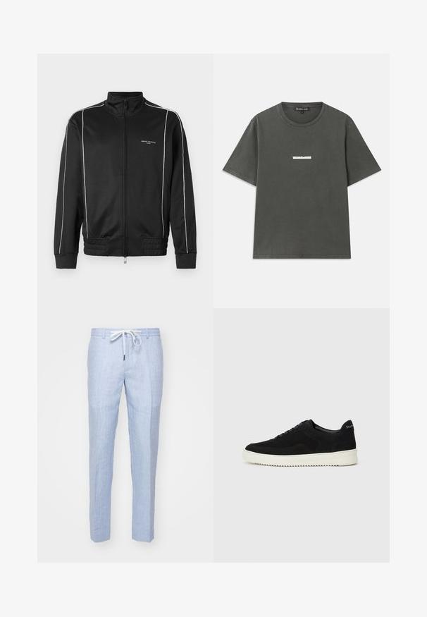 Svart zip-up jakke laget av glatt stoff, med hvite sidestriper, ribbede mansjetter og høy krage. Merkevare foran.; Grå bomulls t-skjorte med korte ermer, rund hals og en hvit logo trykket på brystet. Glatt tekstur med et uformelt design.; Lyseblå linbukser med rett passform, med strikk i livet og en glatt tekstur. Ingen synlige lommer eller dekorative elementer.; Svart semsket sneakers med snøring og kontrasterende hvit gummisåle. Har teksturerte sidepaneler og subtil merkevare på hælen.