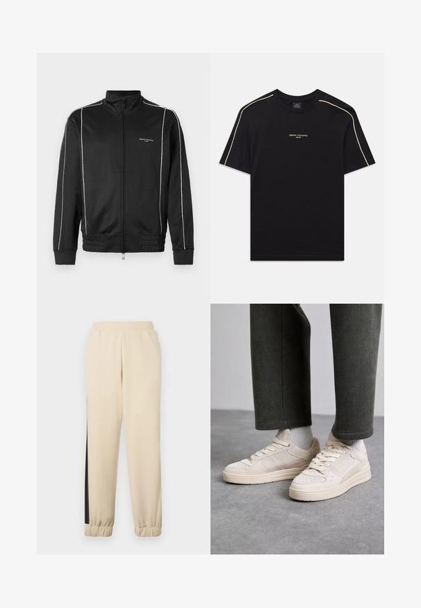 Must osa pahemustast materjalist jakk, millel on valged külgtriibud, soonikkoes mansetid ja püsti kaelus. Ees on brändingu logo.; Must on mustast puuvillane T-särk lühikeste varrukatega, ümmarguse kaelusega, beež aktsentõmblus õlgadel ning ARMANI EXCHANGE logo keskel.; Kreemivärvi dressipüksid mustade külgriidega, elastne vöökoht ja soonikud pahkluude juures. Pehme kangas ja mugav lõige.; Beige suudpüksid, mis on valmistatud nahast ja võrgust, funktsionaalsed perforatsiooni aktsendid, lame sisetald ja paks tald. Kanti koos roheliste puuvillapükstega.