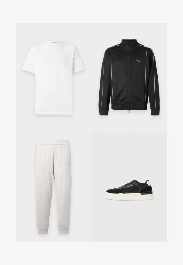 Černá zipová bunda vyrobená z hladké látky, s bílými bočními pruhy, žebrovanými manžetami a stojáčkovým límcem. Branding na přední straně.; Bílá bavlněná tričko s kulatým výstřihem a krátkými rukávy. Na hrudi má decentní embosované logo. Hladká textura, standardní střih.; Světlé šedé tepláky s elastickým pasem, postranními kapsami, žebrovanými manžetami a decentním značením na nohavicích, vyrobené z měkké tkaniny.; Černé tenisky vyrobené z mřížkového materiálu a kůže, s výraznou bílou podešví a kontrastními akcenty. Šněrování a detail loga na straně.