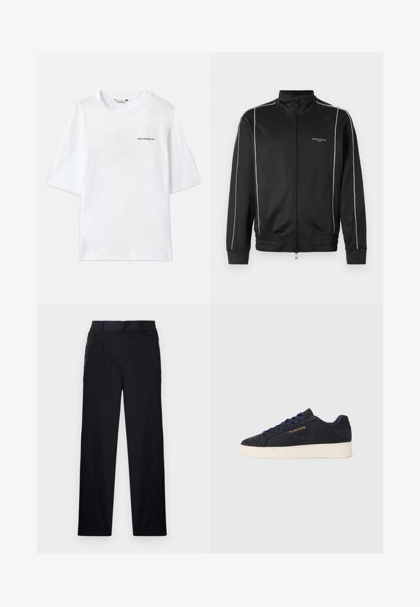 Juodas zip-up džemperis, pagamintas iš lygaus audinio, su baltomis šoninėmis juostelėmis, raštuotais rankovės kraštais ir aukštu kaklu. Logotipas ant priekio.; Balta medvilnė t-shirt su trumpomis rankovėmis, apvaliu kaklu ir mažu rudu "Holzweiler" logo priekyje. Lygi tekstūra, laisvas siluetas.; Juodos kelnės, pagamintos iš lengvos tekstūruotos medžiagos, tiesaus silueto, su elastingu juosmeniu ir šoniniais užtrauktukų kišenėmis.; Tamsiai mėlynos zomšos žemos batai su balta siaura, tamsiai mėlynais raišteliais ir auksiniu logotipu „Filling Pieces“ šone.