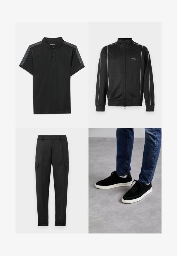 Černá zipová bunda vyrobená z hladké látky, s bílými bočními pruhy, žebrovanými manžetami a stojáčkovým límcem. Branding na přední straně.; Černé polo tričko s límcem, třemi knoflíky a krátkými rukávy. Obsahuje šedé vzorované detaily podél ramen. Vyrobeno z měkké bavlny.; Černé cargo kalhoty s elastickým pasem, zúženými nohavicemi, bočními kapsami a jednou cargo kapsou na levé stehně. Hladká textura.; Černé semišové tenisky s bílou gumovou podrážkou, s klasickým nízkým designem, zaoblenou špičkou a plochými černými tkaničkami.