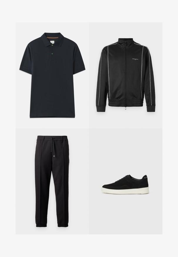 Casaco preto com fecho éclair, feito de um tecido liso, apresentando riscas brancas nas laterais, punhos canelados e colarinho levantado. Marca na parte da frente.; Polo azul-marinho com mangas curtas, colarinho, pala com três botões e um pequeno detalhe verde bordado no peito.; Calças pretas com uma cinta na cintura, cordão ajustável e punhos elásticos. Apresenta pregas e um tecido liso e texturizado.; Sapatilhas de camurça pretas com design de atacadores e sola de borracha branca em contraste. Apresenta painéis laterais texturizados e uma marcação discreta no calcanhar.