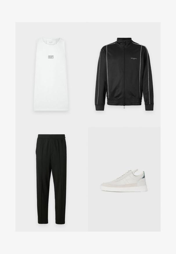Juodas zip-up džemperis, pagamintas iš lygaus audinio, su baltomis šoninėmis juostelėmis, raštuotais rankovės kraštais ir aukštu kaklu. Logotipas ant priekio.; Balta sportinė palaidinė be rankovių su apvalia apykakle, krūtinės centre - EA7 Emporio Armani logotipas, fone matomas vienspalvis paviršius.; Juodos kelnės, pagamintos iš lygaus audinio; turi elastingą juosmens juostą, šonines kišenes ir siaurėjančio silueto dizainą. Minimalistinės ir vienos spalvos.; Balti odiniai sportbačiai su pilkais zomšos akcentais, su raišteliais, su traukimo juostele ir tekstūruota guma, kurioje matomas zigzago raštas.