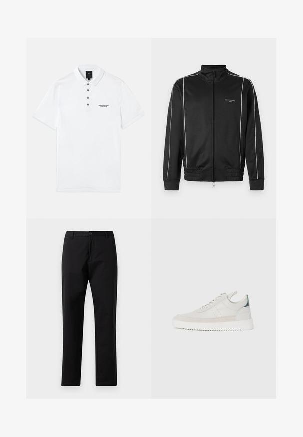 Sort zipped jakke lavet af glat stof, med hvide side-striber, ribbede manchetter og en stående krave. Branding foran.; Hvid polo shirt lavet af bomuld med korte ærmer, krave, fem mørke knapper og broderet "Armani Exchange" logo på brystet.; Sorte lige bukser med knap- og lynlåslukning, bæltestropper og forlommer, præsenteret på hvid baggrund.; Hvide lædersneakers med grå ruskindsdetaljer, snørebåndsdesign, hævet tab og tekstureret gummisål med zigzag-mønster.