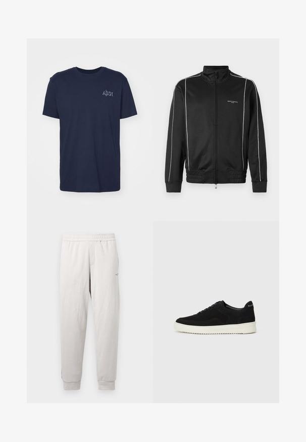 Must osa pahemustast materjalist jakk, millel on valged külgtriibud, soonikkoes mansetid ja püsti kaelus. Ees on brändingu logo.; Tumed sinine puuvillane T-särk lühikeste varrukatega, ümar väljalõige ja väike tikandlogoga vasakul rinnal. Klasikaline lõige ja sile tekstuur.; Sinate hallid kergelt hallidest spordipüksidest, millel on elastne vöökoht, küljetaskud, ribadega mansetid ja diskreetne bränding jalal, valmistatud pehmest kangast.; Mustad suede jooksujalatsid, millel on paelad ja kontrastne valge kummitald. Omab tekstuuriga külgpaneele ja tagasihoidlikku brändimist kandadel.