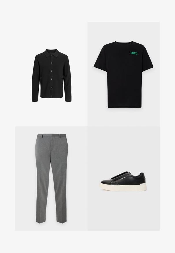 Črn kardigan iz mehkega blaga, z ovratnikom, zapiranjem na gumb in dolgimi rokavi. Gladka tekstura brez vzorcev.; Črna majica iz bombaža z kratkimi rokavi. Na sprednji strani ima zeleno logotip "ROOTS", okroglo ovratnico in standardno prileganje.; Sive prirejene hlače z drobnim ribjim vzorcem, ravnega kroja in z zankami za pas. Imajo potiskane gubice za urejen videz.; Črne slip-on športne čevlje z teksturiranim usnjenim zgornjim delom, belim gumijastim podplatom in brez vidnih vezalk. Na strani je logotip blagovne znamke.