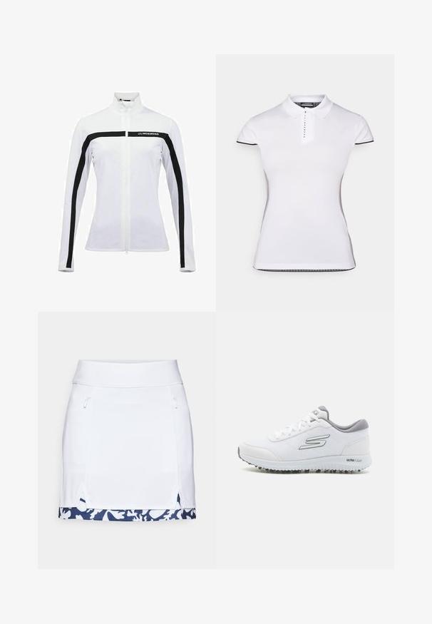 Valge sportlik jakk, millel on püstine krae, must tõmblukk ja õlgadel triibud ning logo. Sile tekstuur ja keha lähedane disain pikkade varrukatega.; Valge lühikeste varrukatega polo särk, millel on krae ja eesnuppude rida. Mustad accents varrukatel ja külgsisemetes. Pehme, sujuv tekstuur.; Valge sportlik seelik sileda tekstuuriga, millel on tõmblukkudega küljetaskud ja tumesinise lillemustriga äär.; Valged spordisussid tekstuurses võrgusüvas, hõbedased detailid ja kerge tallaga, kus on väikesed haardepunktid, märgitud "ULTRA FLIGHT."