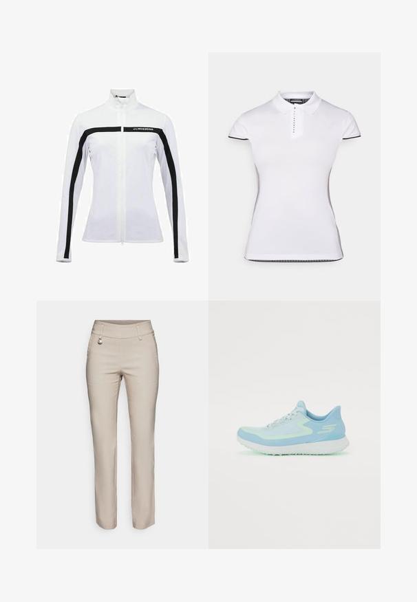 Bela atletska jakna s stoječim ovratnikom, črnim zadrgo in ramenskimi črtami ter logotipom. Gladka tekstura in prilegan dizajn z dolgimi rokavi.; Bela polo majica s kratkimi rokavi, ovratnikom in sprednjim gumbom. Črne podrobnosti na rokavih in stranskih šivih. Mehka, gladka tekstura.; Bež hlače s krojem, narejene iz gladkega materiala, z ravnimi nogavicami, sprednjimi žepi in dekorativnim srebrnim gumbom na pasu.; Svjetloplave atletske cipele s mrežastim gornjim dijelom, zaobljenim vrhom, podstavljenim đonom i reflektirajućim akcentima. Imaju vezice i potporni petni dio.