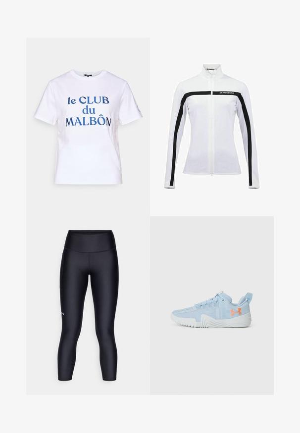 Giacca sportiva bianca con colletto alto, zip nera e strisce sulle spalle, e logo. Texture liscia e design aderente con maniche lunghe.; T-shirt bianco in cotone a maniche corte. Presenta il testo ricamato blu "le CLUB du MALBÔN." Design classico a girocollo.; Leggings neri realizzati in un tessuto morbido ed elastico. Design a vita alta con una vestibilità aderente e un piccolo logo sulla gamba sinistra.; Scarpa sportiva azzurro chiaro realizzata in materiale mesh con suola testurizzata, caratterizzata da un logo arancione e un design con lacci.