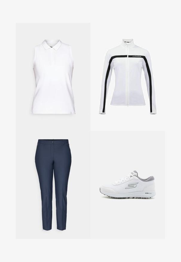 Biała kurtka sportowa z wysokim kołnierzem, czarnym zamkiem i paskami na ramionach, oraz logo. Gładka tekstura i dopasowany krój z długimi rękawami.; Biała bezrękawnikowa koszulka polo wykonana z gładkiego materiału; posiada klasyczny kołnierzyk oraz pięcioprzyciskową listwę, a także dopasowany krój.; Granatowe, dopasowane spodnie wąskie z guzikowym zapięciem, szlufkami na pasek, zamkami błyskawicznymi w bocznych kieszeniach i zamkami błyskawicznymi przy kostkach obydwu nogawek.; Białe sportowe buty z teksturowanym siateczkowym wierzchem, srebrnymi akcentami i lekką podeszwą z małymi stożkami trakcyjnymi, oznaczone "ULTRA FLIGHT".