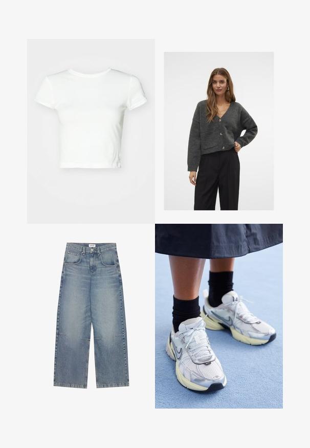 Aware VMGEMMA V-NECK VMA NOOS - Gilet - dark grey; Weekday TIGHT FITTED - T-shirt basique - white; Jean large bleu clair en denim, avec une taille haute, cinq poches et des coutures visibles, affichant une finition décontractée et décolorée.; Baskets Nike blanches et argentées avec tissu en maille, accents réfléchissants et semelle beige. Portées avec des chaussettes noires, se tenant sur une surface bleue.