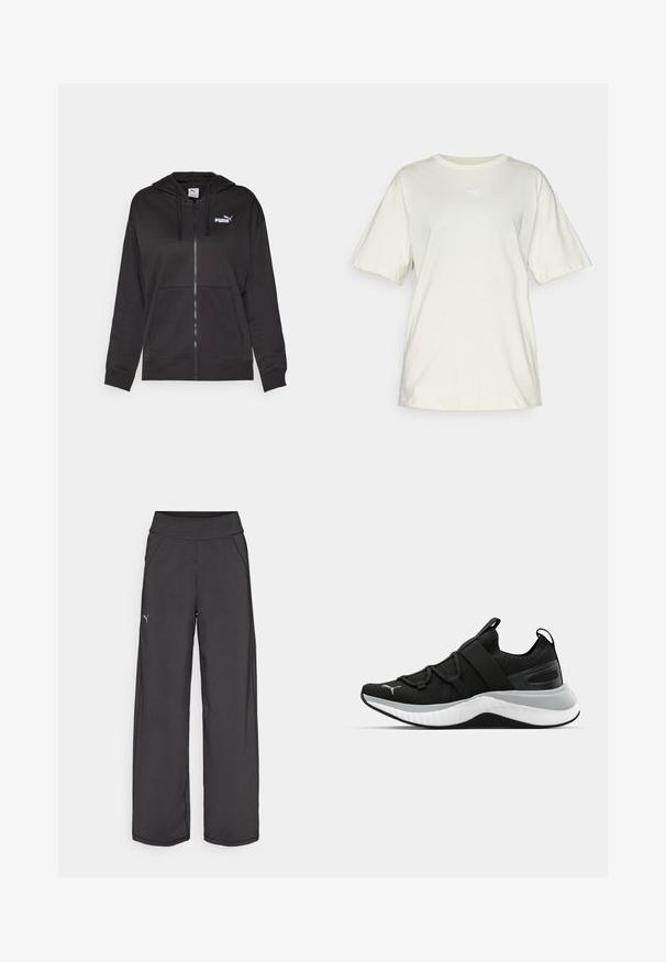 Schwarze Zip-Hoodie aus weichem Stoff mit einer Fronttasche, Kapuze mit Kordelzug und weißem Puma-Logo auf der linken Brust.; Hellbeige Baumwoll-T-Shirt mit kurzen Ärmeln, rundem Ausschnitt und kleinem weißen Puma-Logo, das mittig auf der Brust platziert ist. Weiche, lässige Passform.; Schwarze Sporthose mit einem breiten Bund, Seitentaschen und flachen Nähten. Mit einem kleinen Logo am linken Bein. Hergestellt aus glattem, dehnbarem Stoff.; Schwarzer Sportschuh mit strukturiertem Obermaterial, elastischen Riemen und einer dicken weißen Mittelsohle. Mit einem grauen Akzent entlang der Sohle.