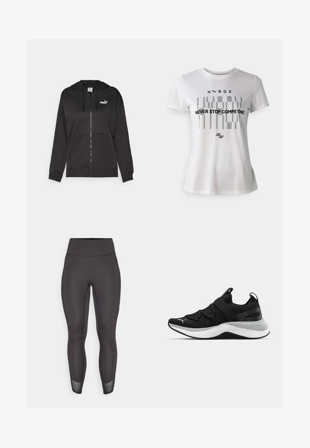 Czarna bluza zapinana na zamek z miękkiego materiału, z przednią kieszenią, kapturem ze sznurkiem oraz białym logo Puma na lewej stronie klatki piersiowej.; Biała sportowa koszulka z krótkim rękawem, z czarnym geometrycznym wzorem i napisem "NIGDY NIE PRZESTAWAJ KONKUROWAĆ" na przodzie.; Czarne legginsy z wysokim stanem, gładki elastyczny materiał, dopasowany krój, złote akcenty siateczkowe przy dolnej krawędzi, wzmocnione szwy i brak widocznych logo.; Czarne sportowe buty z teksturowaną cholewką, elastycznymi paskami i grubą białą podeszwą środkową. Posiadają szary akcent wzdłuż podeszwy.