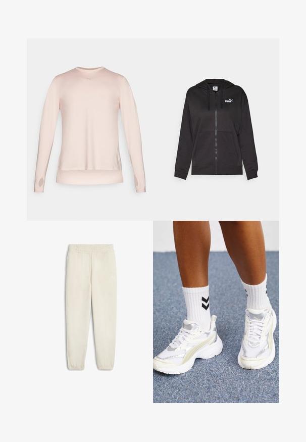 Čierna mikina na zips vyrobená z mäkkej látky, s prednou vreckom, kapucňou so sťahovacou šnúrkou a bielym logom Puma na ľavej oblasti hrude.; Dlhý rukáv športovej košele svetloružovej farby, vyrobená z hladkého materiálu; obsahuje otvory na palce a reflexnú logo aplikáciu na hrudníku.; Svetlo béžové tepláky vyrobené z mäkkej tkaniny, s elastickým pásom, manžetami na členkoch a malým bielym logom na boku.; Biele tenisky so striebornými akcentmi, z sieťovinového materiálu a s robustným dizajnom. V kombinácii s bielymi ponožkami s čiernymi chevron vzormi.