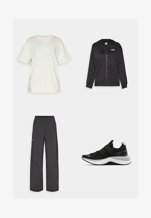 Schwarze Zip-Hoodie aus weichem Stoff mit einer Fronttasche, Kapuze mit Kordelzug und weißem Puma-Logo auf der linken Brust.; Hellbeige Baumwoll-T-Shirt mit kurzen Ärmeln, rundem Ausschnitt und kleinem weißen Puma-Logo, das mittig auf der Brust platziert ist. Weiche, lässige Passform.; Schwarze Sporthose mit einem breiten Bund, Seitentaschen und flachen Nähten. Mit einem kleinen Logo am linken Bein. Hergestellt aus glattem, dehnbarem Stoff.; Schwarzer Sportschuh mit strukturiertem Obermaterial, elastischen Riemen und einer dicken weißen Mittelsohle. Mit einem grauen Akzent entlang der Sohle.