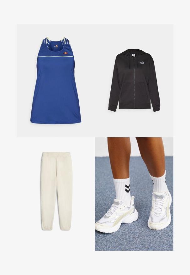 Mustassa vetoketjullisessa hupparissa on pehmeä kangas, etutasku, nyöritettävä huppu ja valkoinen Puma-logo vasemmassa rintakohdassa.; Sininen hihaton urheilupaita, joka on valmistettu sileästä materiaalista. Paita sisältää ohuita valkoisia vaHorizontal juovia ja monivärisen logon rinnassa.; Hale vaaleanbeige collegehousut, jotka on valmistettu pehmeästä kankaasta. Niissä on joustava vyötärö, resorit nilkoissa ja pieni valkoinen logo sivussa.; Valkoiset tennarit hopeisilla yksityiskohdilla, verkkokangasmateriaalia ja tukeva muotoilu. Yhdistetty valkoisiin sukkiin, joissa on mustat sahalaitakuviot.