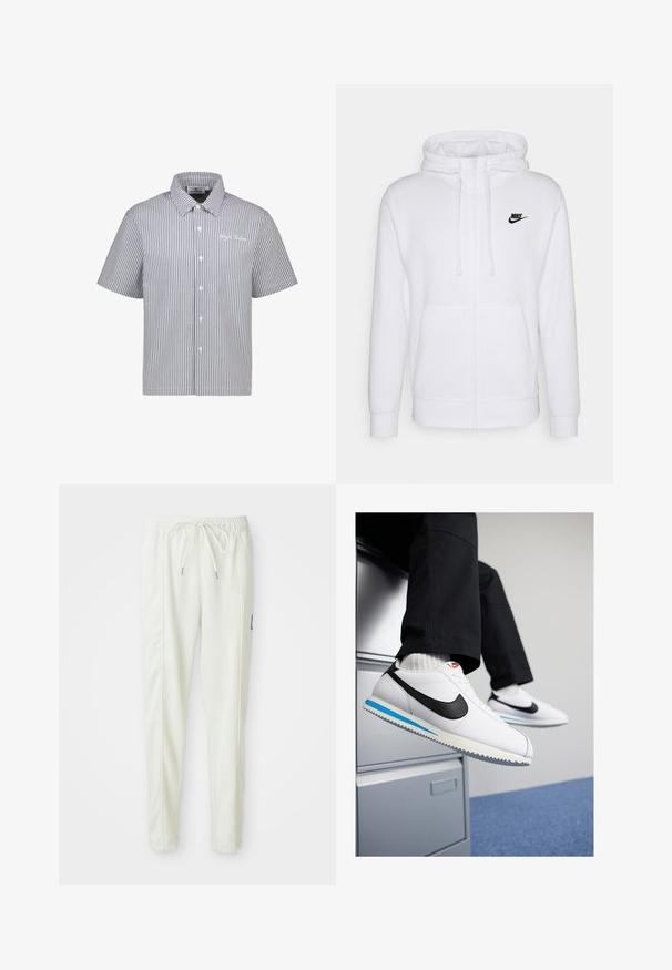 White zip-up hoodie made of soft material, featuring a drawstring hood and a black Nike logo on the left chest. Two front pockets.; Striped short-sleeve shirt in blue and white with a button-up front and collar. Features subtle logo detail on the chest. Cotton blend material.; White slim-fit jogger pants with elastic waistband and drawstring, featuring side seam detailing and a small black patch on the right leg.; White leather sneakers with a black Nike swoosh, light blue and grey rubber sole, and classic lace-up design. Feet resting on a filing cabinet.