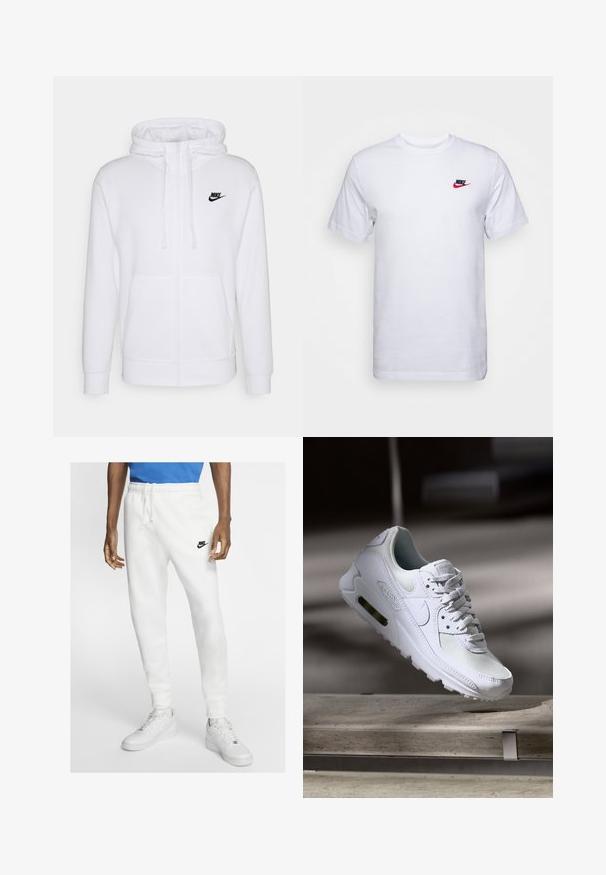Sudadera blanca con cremallera, hecha de material suave, que presenta una capucha con cordón y un logo de Nike negro en el lado izquierdo del pecho. Dos bolsillos frontales.; Camiseta blanca de manga corta hecha de algodón, con un pequeño logo de Nike en rojo y negro en el lado izquierdo del pecho. Corte regular, escote redondo.; Joggers deportivos blancos con cinturilla elástica, cordón y un logo negro de Nike. Presentan una textura de tela suave y piernas ajustadas.; Zapatilla Nike Air Max 90 blanca con parte superior de malla y cuero, caja de puntera perforada y unidad de aire visible en el talón.