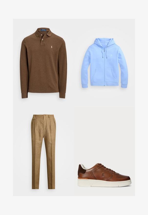 Helle blaue Zip-Hoodie mit einer vorderen Taschenlasche, Kordelzugkapuze und einem kleinen gestickten Logo auf der Brust. Weicher Stoff.; Braunes Langarm-Polohemd aus weichem Material mit einem spitzen Kragen, zwei Knopf-Frontverschluss und gesticktem Logo auf der linken Brust.; Braun karierte Hosen mit strukturierter Passform, mit gefaltetem Vorderteil, zwei seitlichen Taschen und Knopfverschluss. Glatte Textur mit maßgeschneidertem Design.; Leder-Sneaker mit einem braunen Obermaterial, perforierten Akzenten und einer kontrastierenden dunkelbraunen Fersenschlaufe. Weiße Gummisohle und klassisches Schnürdesign.