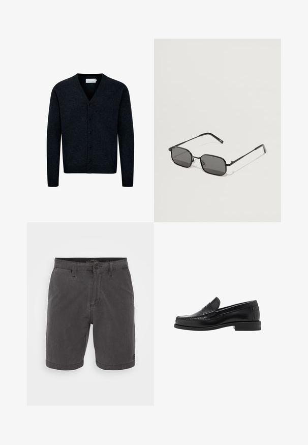 Mörkblå stickad kofta med V-ringning, framknappslås, långa ärmar och ribbad nederkant. Tillverkad av ett mjukt, texturerat tyg.; Vit bomull t-shirt med korta ärmar, rundad halsringning, avslappnad passform och utan synliga logotyper eller mönster. Slät textur och minimal design.; Grå bomullsshorts med knappstängning, fyra fickor och en vävd etikett på nederkanten, med rak skärning och mjuk textur.; Svarta läderloafers med en slät finish, sömnadsdetaljer på tån och en låg klackdesign för komfort och stil.; Svarta solglasögon med rektangulära linser, smal metallram och raka skalmar. Har klara silikon näskuddar för komfort.