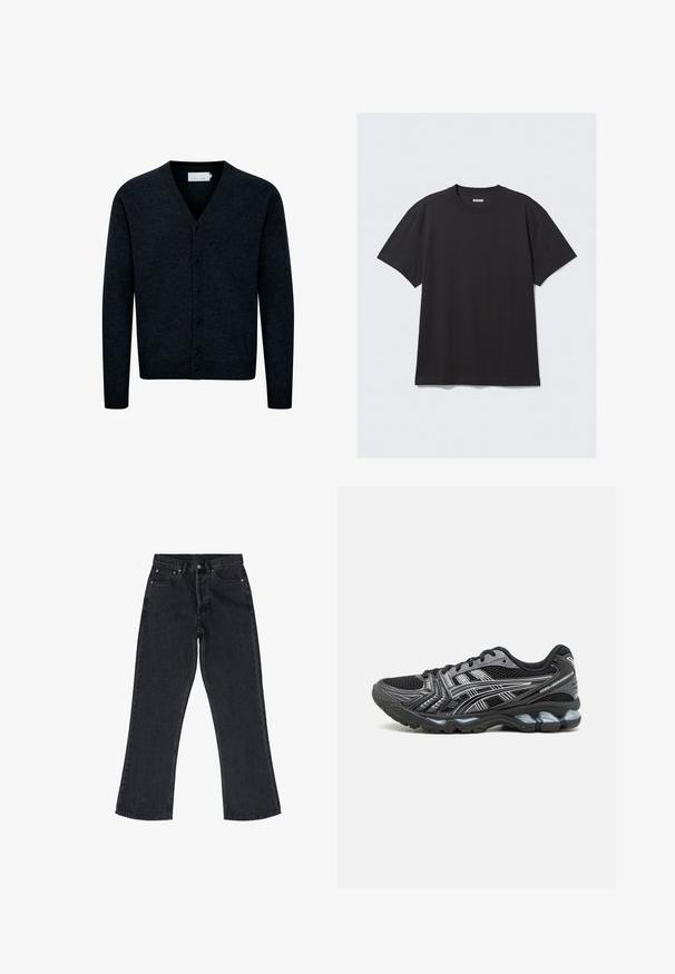 Navy modrý pletený kardigan s výstřihem do V, zapínáním na knoflíky vpředu, dlouhými rukávy a ribbeným lemem. Vyrobeno z měkké, texturované tkaniny.; Černé krátké tričko s krátkým rukávem vyrobené z bavlny. Má kulatý výstřih a volný střih. Jednoduchý design bez viditelných vzorů nebo akcentů.; Černé džíny z denimu s vysokým pasem, širokým střihem nohavic, designem s pěti kapsami a měděným kováním. Obsahují jemné detaily prošívání.; Černá sportovní bota s vrchní částí ze síťoviny, stříbrnými akcenty a polstrovanou podrážkou. Obsahuje šněrovací design a texturovaný vzor pro lepší přilnavost.