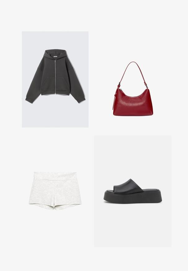 Szara bluza z kapturem na zamek, wykonana z miękkiego materiału, o luźnym kroju, z dużymi przednimi kieszeniami i regulowanym kapturem. Prosty design, bez wzorów.; Jasnoszary top na szyję wykonany z miękkiego materiału, z okrągłym dekoltem i wiązaniem z tyłu, z subtelną strukturą.; Jasnoszare elastyczne szorty z szerokim pasem, gładką fakturą i prostym wzornictwem. Zakończone obszytymi brzegami, bez widocznych wzorów czy akcentów.; Czarne sandały na platformie z gładkiego materiału syntetycznego, z otwartym przodem i zaokrąglonym czubkiem. Grube, wyściełane podeszwy.; Czerwona skórzana torebka na ramię o zakrzywionym kształcie, gładkiej fakturze i zamek błyskawiczny. Posiada cienką rączkę do noszenia.