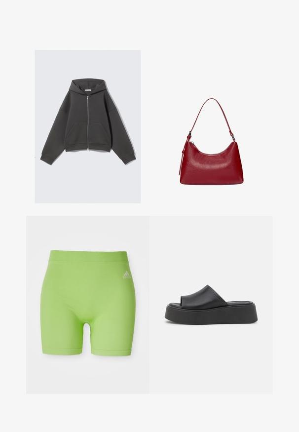 Hanorac gri cu fermoar, fabricat dintr-un material moale, cu o croială relaxată, buzunare mari în față și glugă cu șnur. Design simplu, fără modele.; Top halter gri deschis, realizat dintr-un material moale, cu un decolteu rotund și o panglică la spate, având o textură subtilă.; Bermude sportive verzi dintr-un material elastic, cu o talie medie și un logo Adidas pe partea din dreapta față.; Sandale cu platformă neagră, realizate din material sintetic neted, având un design cu vârf deschis și un vârf rotund. Sole groase, cu amortizare.; Geantă de umăr din piele roșie, cu un design curbat, textură netedă și închidere cu fermoar. Dispune de un mâner subțire pentru transport.