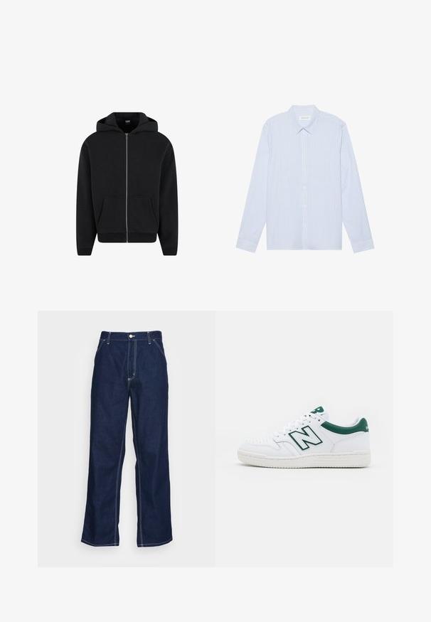 Svart zip-up huvtröja i mjukt tyg, med huva, framfickor och ribbade ärmar och fåll. Enkelt mönster utan tryck.; Ljusblå randig långärmad skjorta med knappar. Har en traditionell krage, vita knappar och ett mjukt bomullsblandat tyg.; Mörkblå denimbyxor med vida ben, hög midja, framfickor och kontrasterande vit sömnad längs sömmarna.; Vit sneaker med gröna accenter, läderöverdel, perforerat tåparti, snörning och texturerad gummisula. Har en framträdande "N"-logotyp.
