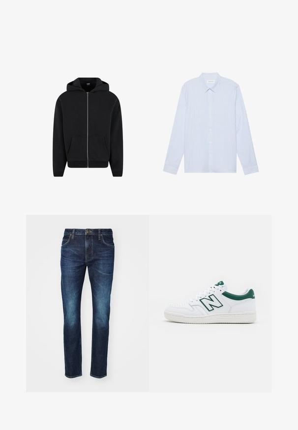 Črna zadrgo zaprta kapuca iz mehkega materiala, opremljena s kapuco, sprednjimi žepi ter rebrastimi manšetami in robom. Preprost dizajn brez vzorcev.; Svetlo modra prugasta srajca z dolgimi rokavi in gumbi. Ima klasičen ovratnik, bele gumbe in gladko mešanico bombaža.; Temno modri traper hlače z izbledele pranje, ravne hlačnice, pet žepov in gumbom za zapiranje v pasu.; Bela teniska z zelenimi detajli, zgornji del iz usnja, perforiran prst, vezalna zapirala in teksturiran gumijast podplat. Ima izstopajoč logotip "N".