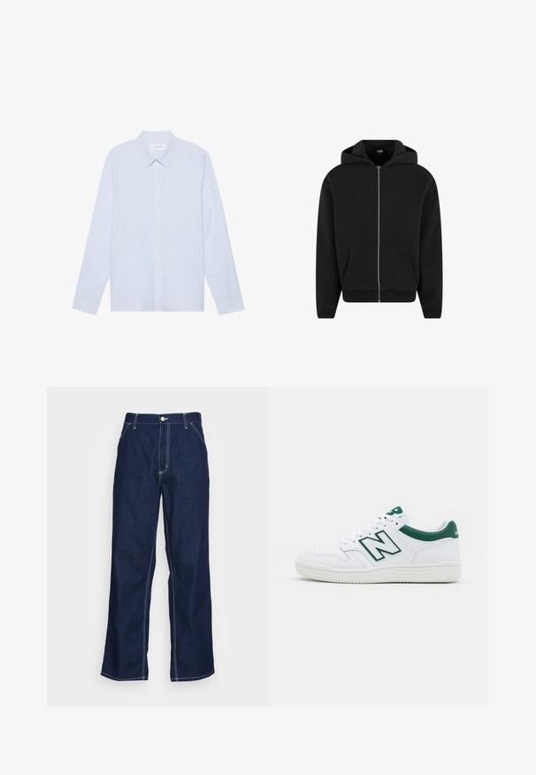 Črna zadrgo zaprta kapuca iz mehkega materiala, opremljena s kapuco, sprednjimi žepi ter rebrastimi manšetami in robom. Preprost dizajn brez vzorcev.; Svetlo modra prugasta srajca z dolgimi rokavi in gumbi. Ima klasičen ovratnik, bele gumbe in gladko mešanico bombaža.; Temno modri jeans hlače širokih nogavic, z visokim pasom, sprednjimi žepi in kontrastnim belim šivom ob šivih.; Bela teniska z zelenimi detajli, zgornji del iz usnja, perforiran prst, vezalna zapirala in teksturiran gumijast podplat. Ima izstopajoč logotip "N".