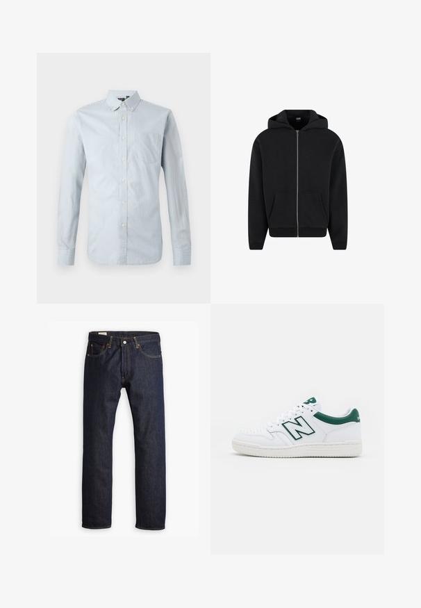 Felpa con zip nera realizzata in tessuto morbido, dotata di cappuccio, tasche frontali e polsini e orlo a costine. Design semplice senza motivi.; Camicia button-up in azzurro chiaro con sottili righe verticali. Dotata di colletto, maniche lunghe, taschino sul lato sinistro e dettagli con bottoni.; Jeans in denim blu scuro con un design a gamba dritta, cuciture arancioni e stile a cinque tasche con chiusura a bottone metallico.; Sneaker bianco con accenti verdi, tomaia in pelle, punta perforata, chiusura con lacci e suola in gomma testurizzata. Presenta un logo "N" ben visibile.