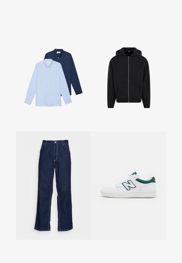 Schwarzer Reißverschluss-Hoodie aus weichem Stoff, mit Kapuze, frontalen Taschen und gerippten Bündchen sowie Saum. Einfaches Design ohne Muster.; Zwei langärmelige Hemden: eines hellblau und eines marineblau. Beide verfügen über eine Knopfleiste, einen Kentkragen und eine glatte Stofftextur.; Dunkelblaue Denim-Hosen mit weitem Bein, hoher Taille, Fronttaschen und kontrastierendem weißen Nähten entlang der Säume.; Weißer Sneaker mit grünen Akzenten, Obermaterial aus Leder, gelochte Zehenpartie, Schnürverschluss und strukturierte Gummiaußensohle. Verfügt über ein auffälliges "N"-Logo.