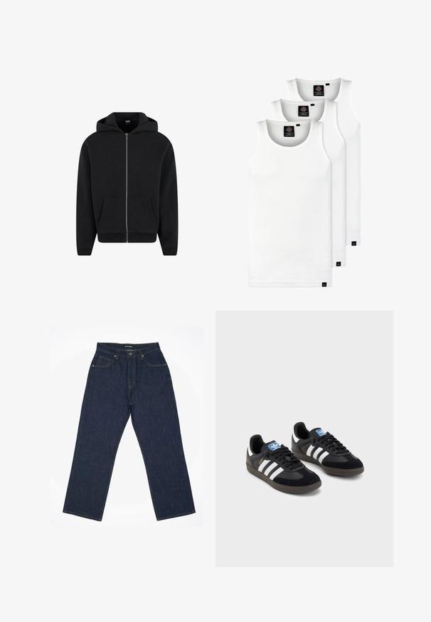 Černá mikina s kapucí na zip vyrobená z měkké látky, která má kapuci, přední kapsy a žebrované manžety a lem. Jednoduchý design bez vzorů.; Tři bílé žebrované tílka vyrobené z bavlny. Mají kulatý výstřih a malé černé štítky poblíž lemu. Dostupné v několika velikostech.; Tmavě modré džíny s rovnými nohavicemi, s žlutým šitím, pěti kapsami a knoflíkovým zapínáním v pase.; Černé tenisky s vrškem z semiše a syntetického materiálu, s třemi bílými pruhy, texturovanou gumovou podrážkou a modrou nášivkou loga na jazyku.
