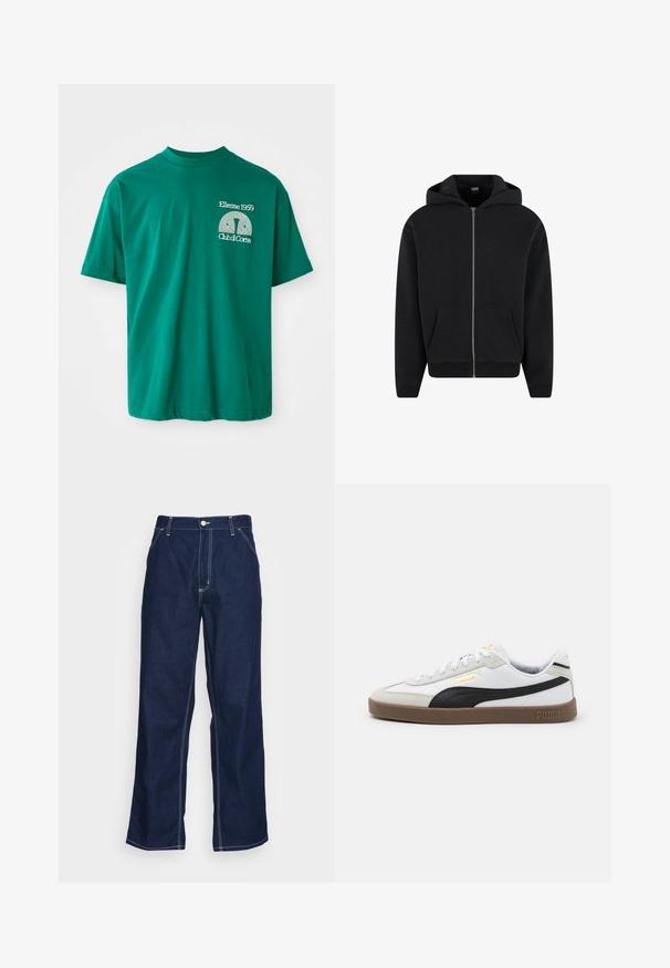 Černá mikina s kapucí na zip vyrobená z měkké látky, která má kapuci, přední kapsy a žebrované manžety a lem. Jednoduchý design bez vzorů.; Zelené bavlněné tričko s kulatým výstřihem. Na levé části hrudi se nachází grafický potisk v bílé barvě s nápisem "Ellesse 1959 Club di Corsa".; Tmavě modré džíny s volnými nohavicemi, vysokým pasem, předními kapsami a kontrastním bílým šitím podél švů.; Bílé kožené tenisky s černým semišovým akcentem, kulatou špičkou, plochou hnědou gumovou podrážkou a vyraženým zlatým logem na boku. Šňůrky a polstrovaný límec.