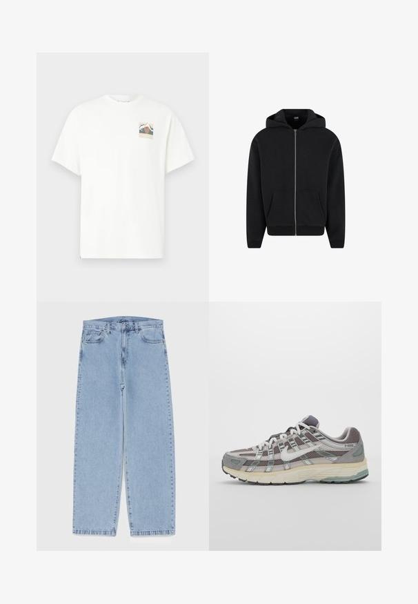 Sudadera con cremallera negra, hecha de una tela suave, que incluye capucha, bolsillos frontales y puños y dobladillo acanalados. Diseño sencillo sin patrones.; Camiseta blanca de algodón con mangas cortas, que presenta un pequeño gráfico colorido de montaña y sol en el pecho izquierdo. Diseño clásico de cuello redondo.; Jean de mezclilla azul claro con diseño de pierna recta, con una cintura de altura media, cinco bolsillos y un cierre de botón y cremallera.; Zapatilla deportiva gris con parte superior de malla y ante, acentos blancos, suela acolchada y un diseño distintivo con elementos reflectantes.