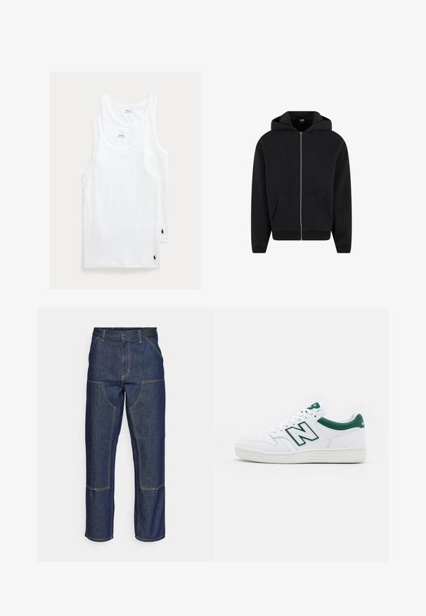 Svart zip-up huvtröja i mjukt tyg, med huva, framfickor och ribbade ärmar och fåll. Enkelt mönster utan tryck.; Vita bomullstankar i ett set om två, med klassisk rund halsringning och en liten broderad logotyp i nedre vänstra hörnet.; Mörkblå denimjeans med hög midja, rak bendesign, kontrasterande sömmar och fickor på framsidan.; Vit sneaker med gröna accenter, läderöverdel, perforerat tåparti, snörning och texturerad gummisula. Har en framträdande "N"-logotyp.