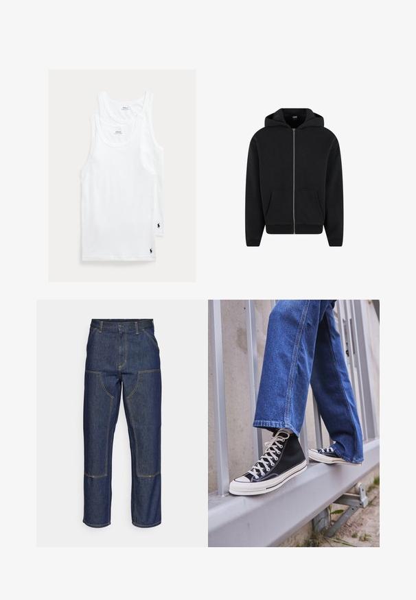 Svart zip-up hettegenser laget av myk stoff, med hette, frontlommer og ribbede mansjetter og nederkant. Enkel design uten mønstre.; Hvite bomullsundertopper i sett med to, med klassisk rund hals og liten brodert logo nederst i venstre hjørne.; Mørkeblå denimjeans med høy midje, rette ben, kontrasterende sømmer og lommer på forsiden.; Svarte høy-hælte joggesko med hvit såle og snøring, paired med løse blå denim-jeans, hvilende på et grått rekkverk.