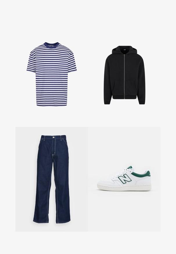 Melnas rāvējslēdzēja kapuces jaka, izgatavota no mīksta auduma, ar kapuci, priekšējām kabatām un ribotām piedurknēm un apakšmalu. Vienkāršs dizains bez rakstiem.; Īsām piedurknēm svītraina krekliņa ar tumši ziliem un baltiem horizontāliem svītrām, apaļa apkakle, brīvs piegriezums un mīksts kokvilnas materiāls.; Tumši zili džinsu bikses ar platajām kājām, ar augsto jostas daļu, priekšējām kabatām un kontrastējošām baltām šuvēm.; Baltie teni ar zaļiem akcentiem, ādas augšdaļa, perforēta purngala daļa, auklu aizdare un teksturēta gumijas zole. Ieturēts izteiksmīgs "N" logotips.