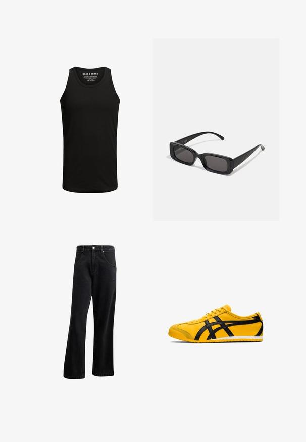 Svart zip-up huvtröja i mjukt tyg, med huva, framfickor och ribbade ärmar och fåll. Enkelt mönster utan tryck.; Svart tanktopp tillverkad av bomullsblandat tyg, med klassisk rund hals och ärmlös design. Enfärgad textur utan mönster eller accenter.; Svarta denimjeans med rak bendesign, med framfickor, knäppning med knapp och lätt textur. Inkluderar en subtil logotypdetalj.; Gul atletisk sko med svarta accenter, slät lädertextur, böjd design, rund tå, platt vit sula och framträdande varumärke på sidan.; Svarta rektangulära solglasögon med mörka linser, glänsande yta, breda skalmar och en gedigen ramdesign. Graverat märke på ena skalmen.