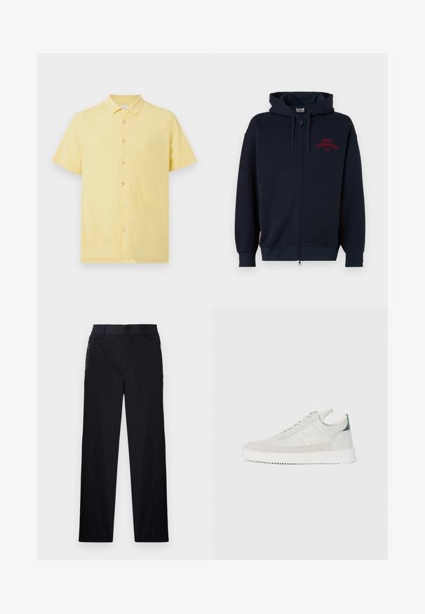 Mornarsko zip-up kapuco z obsežno kapuco, elastičnimi manšetami in pasom. Na prsih je rdeč napis "MILANO GYMNASIUM EA7". Mehka tekstura tkanine.; Kratka majica s kratkimi rokavi v rumeni barvi iz teksturirane tkanine, z gumbom spredaj in klasičnim ovratnikom. Ima svetle gumbe za kontrast.; Črne hlače iz lahke, teksturirane tkanine, ravne noge, elastičen pas in stranski žepki na zadrgo.; Beli usnjeni športni čeveljčki z sivo alkantaro, z vezalkami, z ježkom in teksturiranim gumijastim podplatom s cik-cak vzorcem.