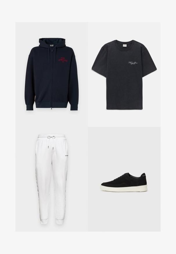 Mornarska dukserica sa zatvaračem, širokom kapuljačom, elastičnim rukavima i pojasom. Sadrži crveni natpis "MILANO GYMNASIUM EA7" na prsima. Mekana tekstura tkanine.; Crna majica kratkih rukava s okruglim izrezom s malim bijelim logotipom "Filling Pieces" na lijevoj strani prsnog koša.; Michael Kors LOGO TAPE PANT - Donji dijelovi trenirke - white; Crne nubuk tenisice s vezanjem i kontrastnom bijelom gumenom potplatom. Imaju teksturirane bočne panele i suptilno brendiranje na peti.