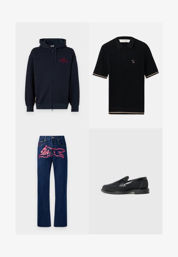 Marineblå hettegenser med glidelås, romslig hette, elastiske mansjetter og midjebånd. Har rød tekst "MILANO GYMNASIUM EA7" på brystet. Myk stofftekstur.; Svart ribbet kortermet polo skjorte med krage, tre knapper, beige kant på ermene og kanten, samt FP brodert logo på venstre bryst.; Denimjeans med rett snitt. Mørk blå farge, med et stort rosa kattemotiv på baklommen. Klassisk metallknapp og nagler.; Sorte vevde slip-on sko med en glatt lærdetalj på overdelen, design med rund tå og en lavprofil gummisåle.
