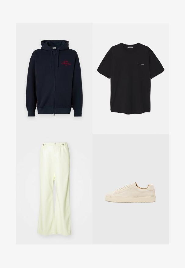 Navy zip-up hoodie with a spacious hood, elastic cuffs, and waistband. Features red text "MILANO GYMNASIUM EA7" on the chest. Soft fabric texture.; Black cotton T-shirt with a crew neck, short sleeves, and a white logo print on the left chest. Simple, solid color design.; Light green wide-leg pants made of smooth, slightly shiny fabric. Features a button and elastic waistband, with a clean, tailored design.; Beige suede sneaker with a low-top design, round toe, flat laces, and a textured rubber sole. Minimalist style with no visible logos.