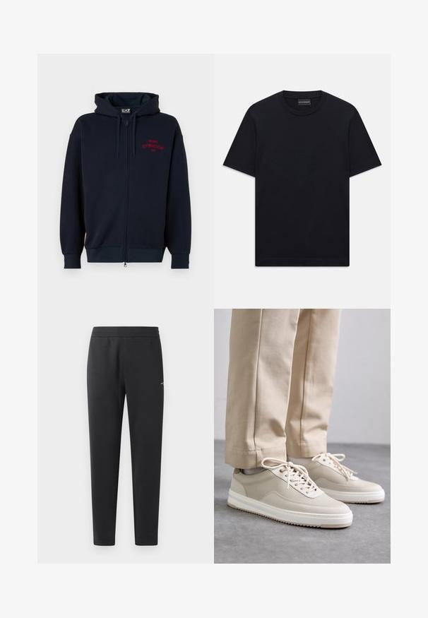 Tamsiai mėlynas užtrauktukas džemperis su erdvia kapišonu, elastingomis rankogaliais ir juosmeniu. Krūtinėje yra raudonas užrašas "MILANO GYMNASIUM EA7". Minkšta medžiagos tekstūra.; Juoda trumpo rankovės marškinėliai su apvalia iškirpte, su subtiliu iškilniu logotipo dizainu viduryje krūtinės ir ženklu vidinėje apykaklės pusėje.; Juodos sportinės kelnės, pagamintos iš minkštos medžiagos, su elastinga juosmeniu, tiesiomis kojomis ir nedideliu logotipo akcentu šone.; Šviesiai rudos sportbačiai su tekstūruota viršutine dalimi, baltais padais ir siuvinėjimais, derinami su šviesiai rudomis kelnėmis, rodomi ant pilkos paviršiaus.