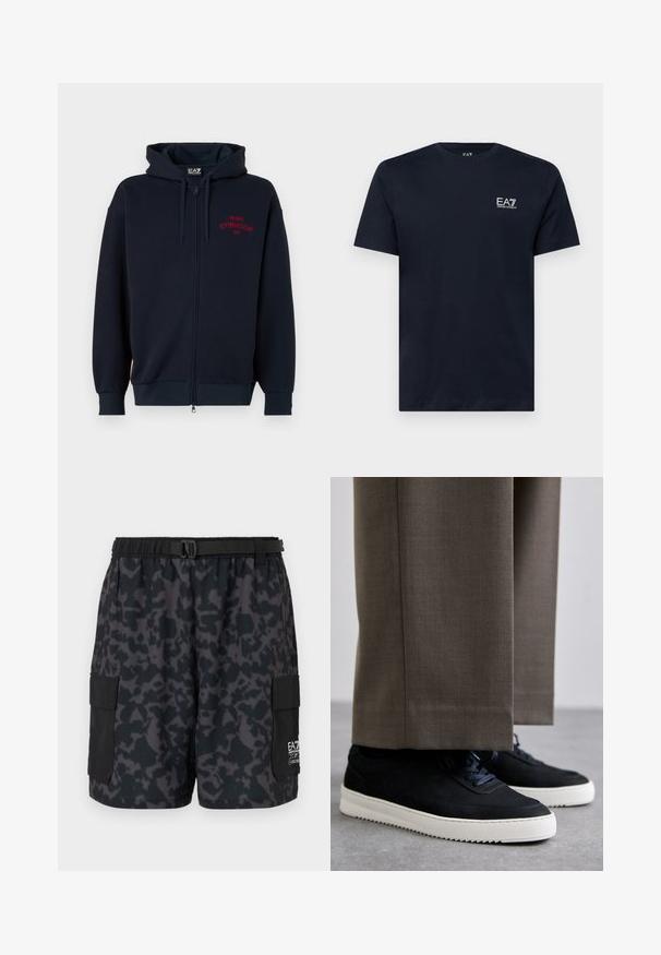 Navy kék zipzáras kapucnis pulóver tágas kapucnival, elasztikus mandzsettákkal és derékrésszel. Az mellkasán piros felirat: "MILANO GYMNASIUM EA7". Puha anyagú.; Tengerész kék pamut póló, rövid ujjal, kerek nyakkal, és egy kis fehér hímzett logóval a bal mellen. Simaság jellemzi.; Fekete rövidnadrág sötét álcázó mintával, rugalmas derékpánttal, oldalsó zsebekkel és csattal ellátott övvel. Könnyű, kényelmes anyagból készült.; Fekete velúr sportcipők fehér gumitalppal, kerek orrú, fűzős kialakítással, szürke, szabott nadrággal párosítva.